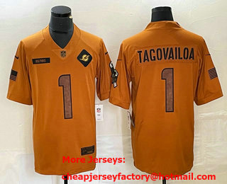 Men's Miami Dolphins #1 Tua Tagovailoa Brown 2023 Salute To Service Limited Stitched Jersey