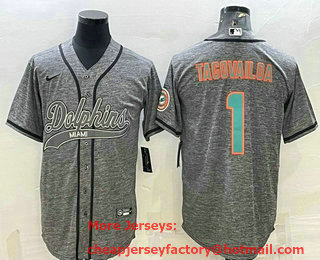 Men's Miami Dolphins #1 Tua Tagovailoa Grey Gridiron With Patch Cool Base Stitched Baseball Jersey