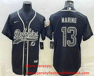 Men's Miami Dolphins #13 Dan Marino Black Reflective With Patch Cool Base Stitched Baseball Jersey