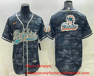Men's Miami Dolphins Grey Camo Team Big Logo With Patch Cool Base Stitched Baseball Jersey