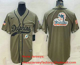 Men's Miami Dolphins Olive Salute to Service Team Big Logo Cool Base Stitched Baseball Jersey