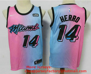 Men's Miami Heat #14 Tyler Herro Pink Blue 2021 Nike City Edition Swingman Jersey With The Sponsor Logo