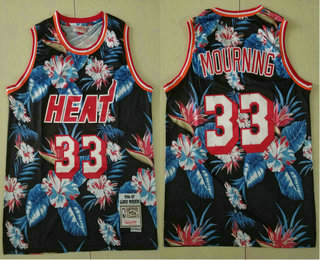 Men's Miami Heat #33 Alonzo Mourning Ness Floral Fashion 1996-97 Swingman Throwback Jersey
