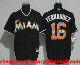 Men's Miami Marlins #16 Jose Fernandez Black Team Logo Ornamented Stitched MLB Cool Base Jersey