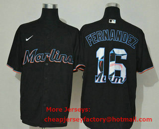 Men's Miami Marlins #16 Jose Fernandez Black Team Logo Stitched MLB Cool Base Nike Jersey