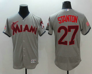 Men's Miami Marlins #27 Giancarlo Stanton Gray Stars & Stripes Fashion Independence Day Stitched MLB Flex Base Jersey