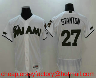 Men's Miami Marlins #27 Giancarlo Stanton White with Green Memorial Day Stitched MLB Flex Base Jersey