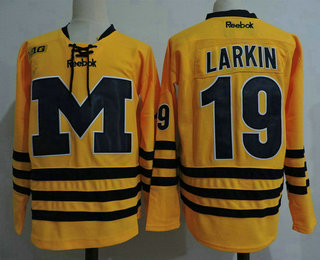 Men's Michigan Wolverines #19 Dylan Larkin Yellow College Hockey Stitched Reebok NCAA Jersey