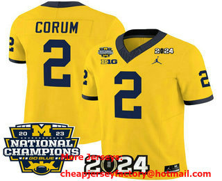 Men's Michigan Wolverines #2 Blake Corum Yellow FUSE With 2023 National Champions Patch Stitched Jersey