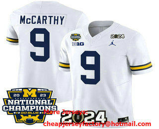Men's Michigan Wolverines #9 JJ McCarthy White FUSE With 2023 National Champions Patch Stitched Jersey