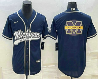 Men's Michigan Wolverines Navy Team Big Logo With Patch Cool Base Stitched Baseball Jersey