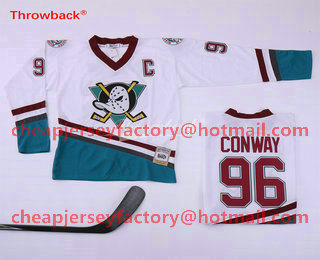 Men's Mighty Ducks Of Anaheim #96 Charlie Conway 1995-96 White CCM Throwback Stitched Vintage Hockey Jersey