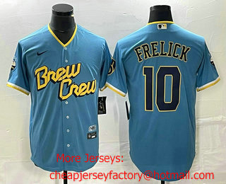 Men's Milwaukee Brewers #10 Sal Frelick Blue 2022 City Connect Cool Base Stitched Jersey