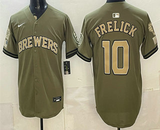 Men's Milwaukee Brewers #10 Sal Frelick Olive 2026 Armed Forces Day Stitched Jersey