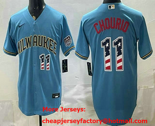 Men's Milwaukee Brewers #11 Jackson Chourio Blue 2026 USA 250 Fourth of July Home Stadium Stitched Jersey