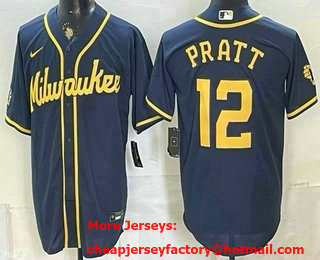 Men's Milwaukee Brewers #12 Cooper Pratt Navy Cool Base Stitched Jersey