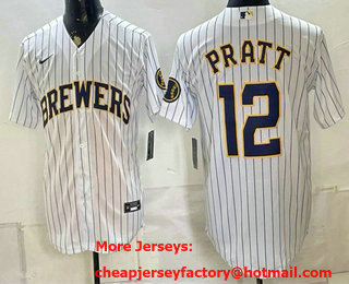 Men's Milwaukee Brewers #12 Cooper Pratt White Stitched Jersey