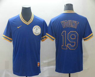 Men's Milwaukee Brewers #19 Robin Yount Blue Nike Cooperstown Collection Legend V Neck Jersey