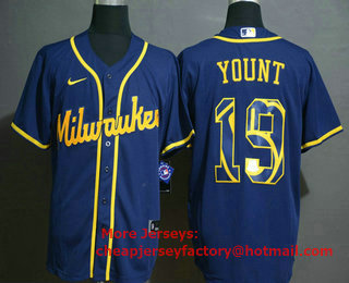 Men's Milwaukee Brewers #19 Robin Yount Blue Team Logo Stitched MLB Cool Base Nike Jersey