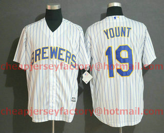 Men's Milwaukee Brewers #19 Robin Yount White Pinstripe Stitched MLB Cool Base Jersey