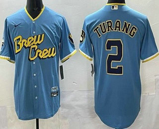 Men's Milwaukee Brewers #2 Brice Turang Blue 2022 City Cool Base Jersey