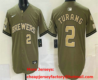 Men's Milwaukee Brewers #2 Brice Turang Olive 2026 Armed Forces Day Jersey