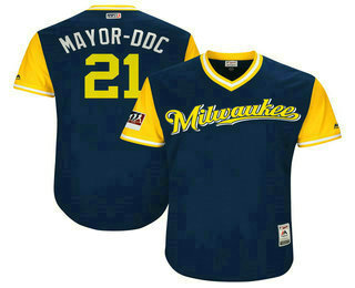 Men's Milwaukee Brewers #21 Travis Shaw Mayor-DDC Majestic Navy-Yellow 2018 Players' Weekend Authentic Jersey