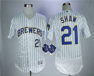 Men's Milwaukee Brewers #21 Travis Shaw White Pinstripe Home Stitched MLB Majestic Flex Base Jersey