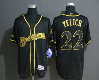 Men's Milwaukee Brewers #22 Christian Yelich Black Gold Stitched MLB Flex Base Jersey