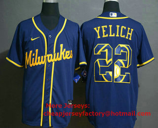 Men's Milwaukee Brewers #22 Christian Yelich Blue Team Logo Stitched MLB Cool Base Nike Jersey