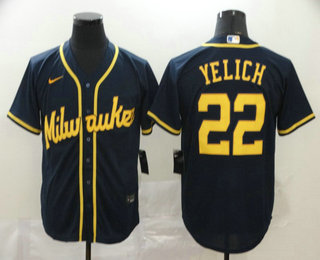 Men's Milwaukee Brewers #22 Christian Yelich Navy Blue Stitched MLB Cool Base Nike Jersey
