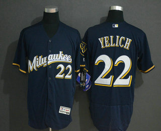 Men's Milwaukee Brewers #22 Christian Yelich Navy Blue With Milwaukee Stitched MLB Flex Base Jersey