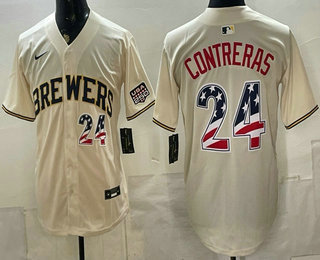 Men's Milwaukee Brewers #24 William Contreras Cream 2026 USA 250 Fourth of July Stadium Stitched Jersey