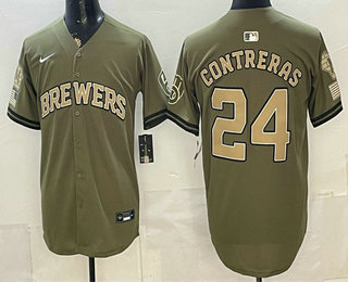 Men's Milwaukee Brewers #24 William Contreras Olive 2026 Armed Forces Day Stitched Jersey