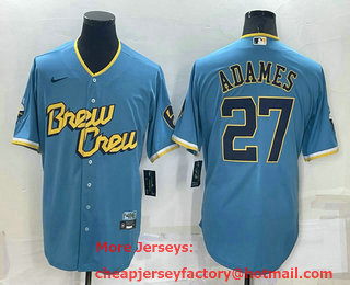 Men's Milwaukee Brewers #27 Willy Adames Blue 2022 City Connect Cool Base Stitched Jersey