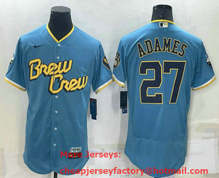 Men's Milwaukee Brewers #27 Willy Adames Blue 2022 City Connect Flex Base Stitched Jersey