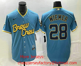 Men's Milwaukee Brewers #28 Joey Wiemer Blue 2022 City Connect Cool Base Stitched Jersey