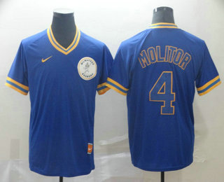 Men's Milwaukee Brewers #4 Paul Molitor Blue Nike Cooperstown Collection Legend V Neck Jersey
