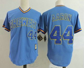 Men's Milwaukee Brewers #44 Hank Aaron Light Blue Pullover Throwback Cooperstown Collection Stitched MLB Mitchell & Ness Jersey