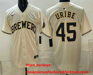 Men's Milwaukee Brewers #45 Abner Uribe Cream Limited Stitched Jersey