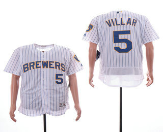 Men's Milwaukee Brewers #5 Jonathan Villar White Pinstripe Stitched MLB Cool Base Jersey