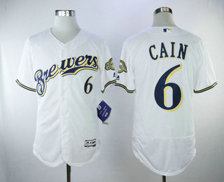Men's Milwaukee Brewers #6 Lorenzo Cain All White Home Stitched MLB Majestic Flex Base Jersey