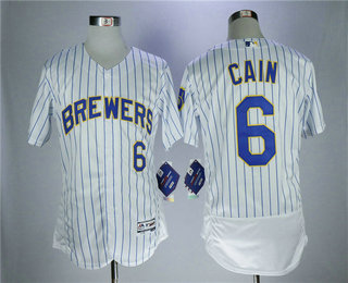 Men's Milwaukee Brewers #6 Lorenzo Cain White Pinstripe Home Stitched MLB Majestic Flex Base Jersey