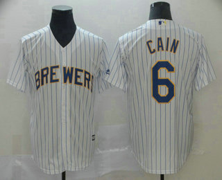 Men's Milwaukee Brewers #6 Lorenzo Cain White Pinstripe Stitched MLB Cool Base Jersey