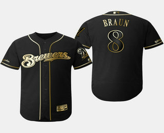 Men's Milwaukee Brewers #8 Ryan Braun Black Gold Stitched MLB Flex Base Jersey