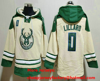 Men's Milwaukee Bucks #0 Damian Lillard Cream Ageless Must Have Lace Up Pullover Hoodie