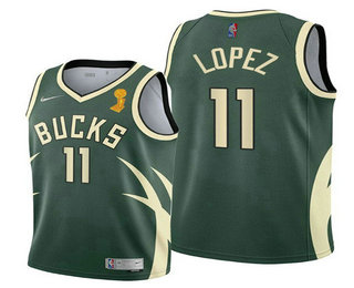 Men's Milwaukee Bucks #11 Brook Lopez 2021 Green Finals Champions Stitched Basketball Jersey