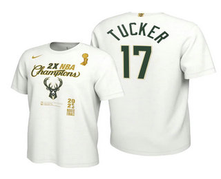 Men's Milwaukee Bucks #17 PJ Tucker 2021 White Finals Champions Locker Room T-Shirt