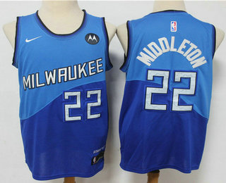 Men's Milwaukee Bucks #22 Khris Middleton Blue 2021 Nike City Edition Swingman Jersey With NEW Sponsor Logo