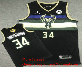 Men's Milwaukee Bucks #34 Giannis Antetokounmpo Black 2021 Finals Patch Jordan Swingman Stitched Jersey With NEW Sponsor Logo